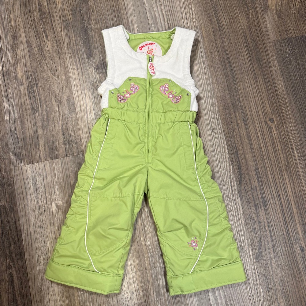 Obermeyer Kids 2 Feelin Groovy Green White Insulated Ski Bibs I-Grow Snow Gear